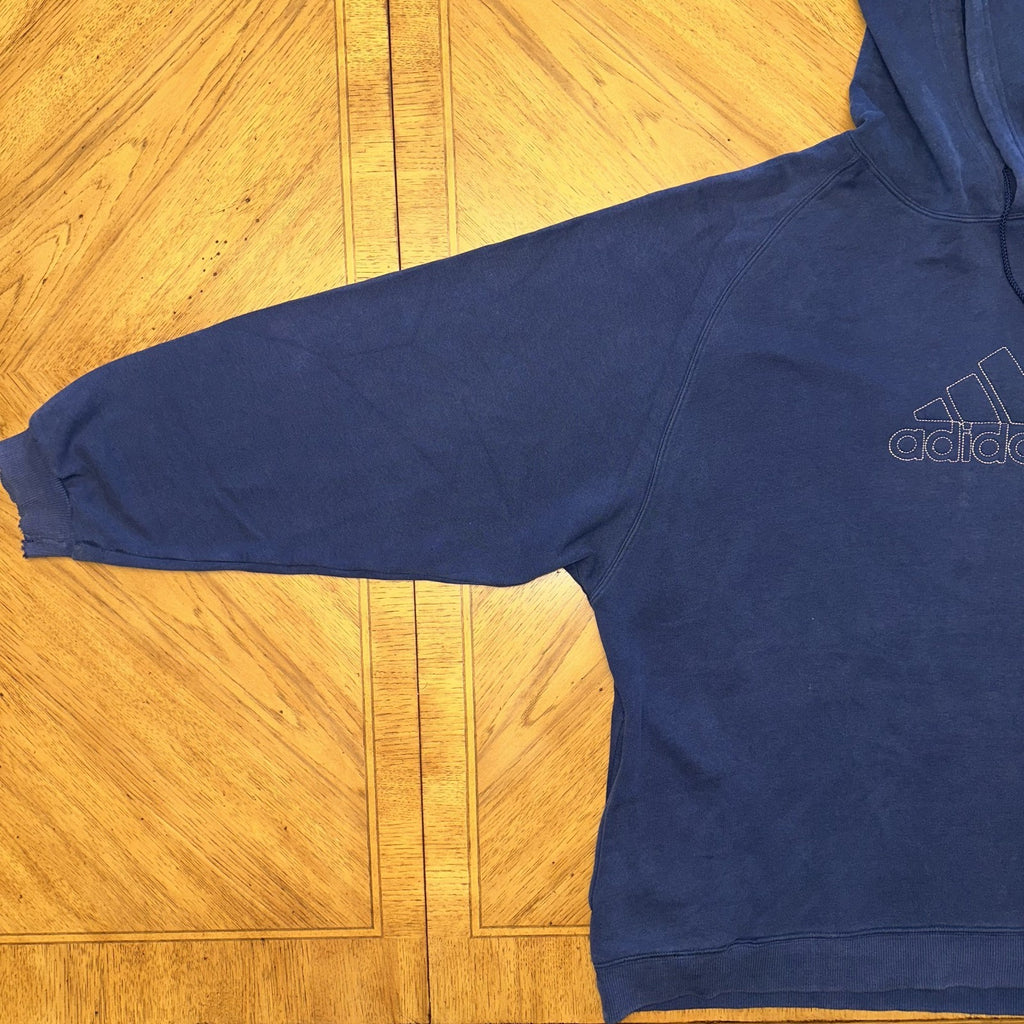 Vintage Adidas Hoodie Sz Large Center Logo Spellout Navy Embroidered Distressed