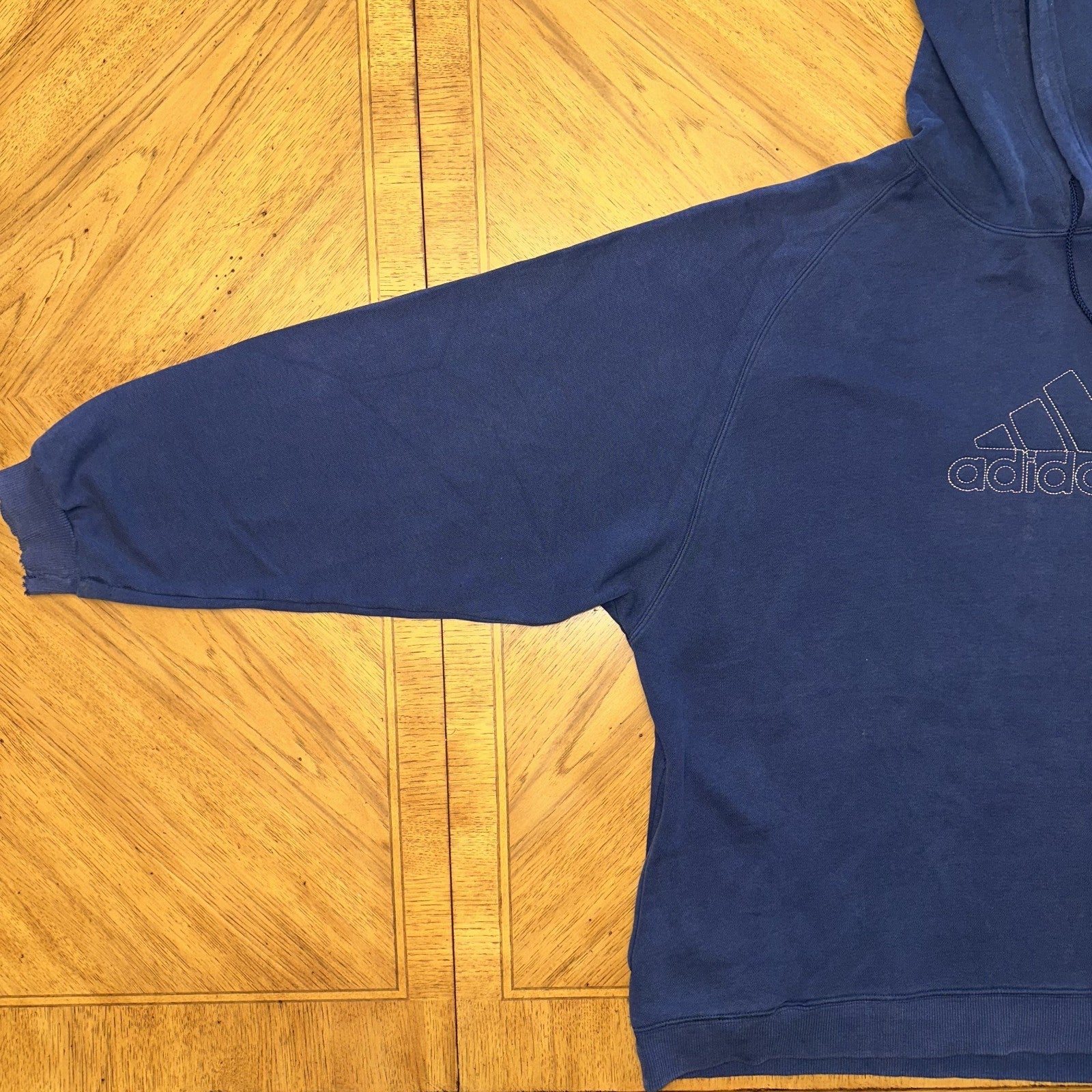 Vintage Adidas Hoodie Sz Large Center Logo Spellout Navy Embroidered Distressed