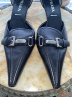 Vintage Prada Blk Leather Kitten Heel Pump W/ Pointed Toe & Silver Buckle Sz 36