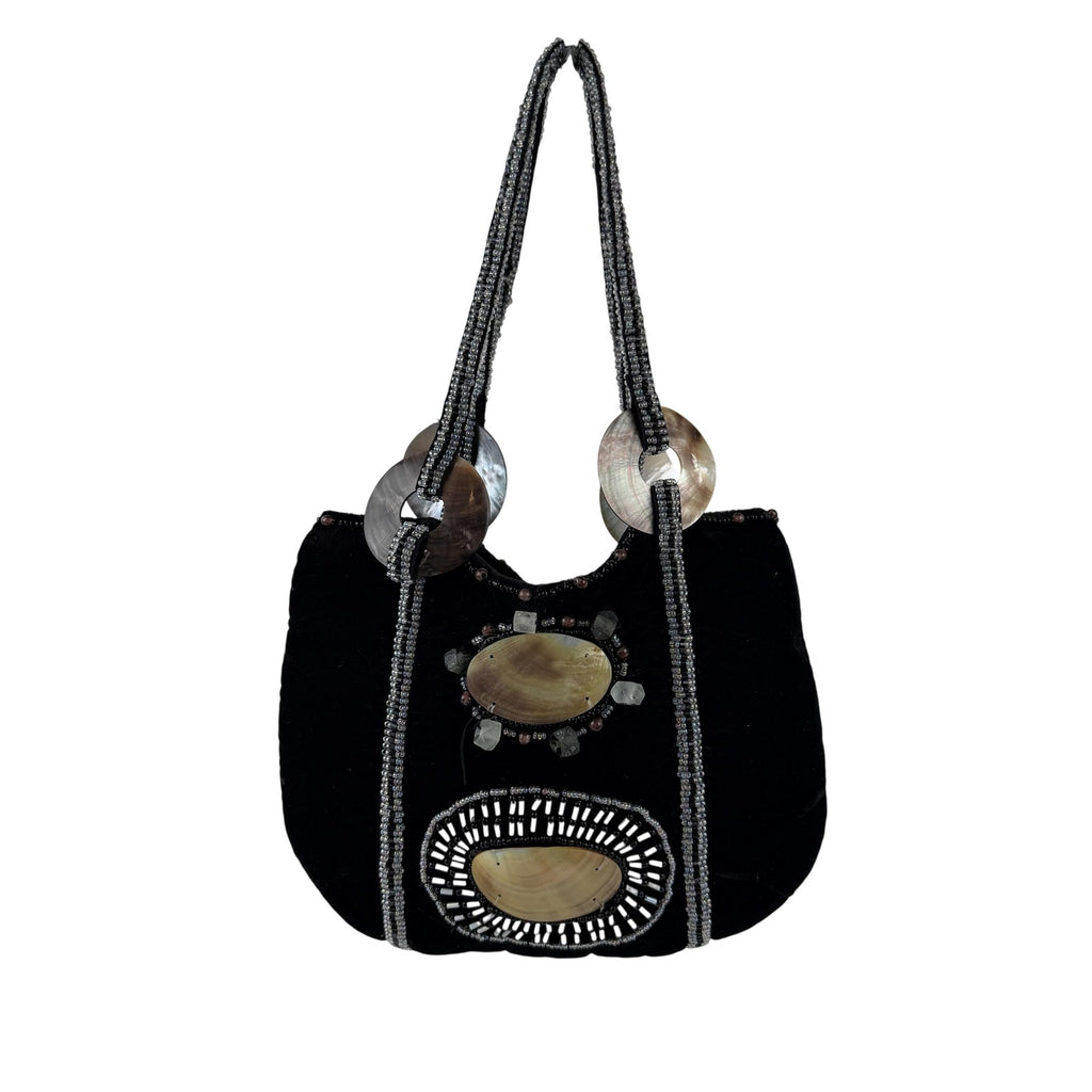 Imayin Shoulder Bag Womens Black Velvet Beaded Mother of Pearl Shell Purse Party