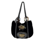 Imayin Shoulder Bag Womens Black Velvet Beaded Mother of Pearl Shell Purse Party