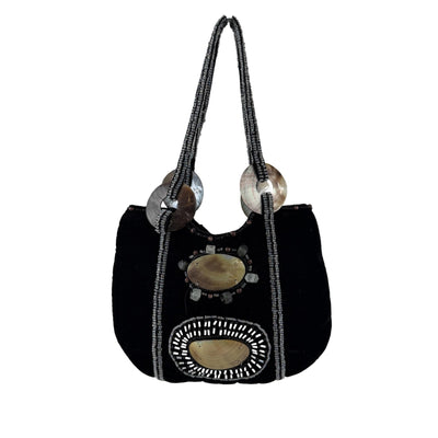 Vintage Black Velvet Beaded Mother of Pearl Shell Shoulder Bag