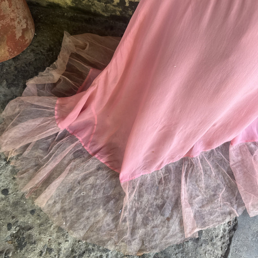 Vintage Late 1920s Early 1930s Bubblegum Pink Silk Chiffon Dress Sheer Ruffle