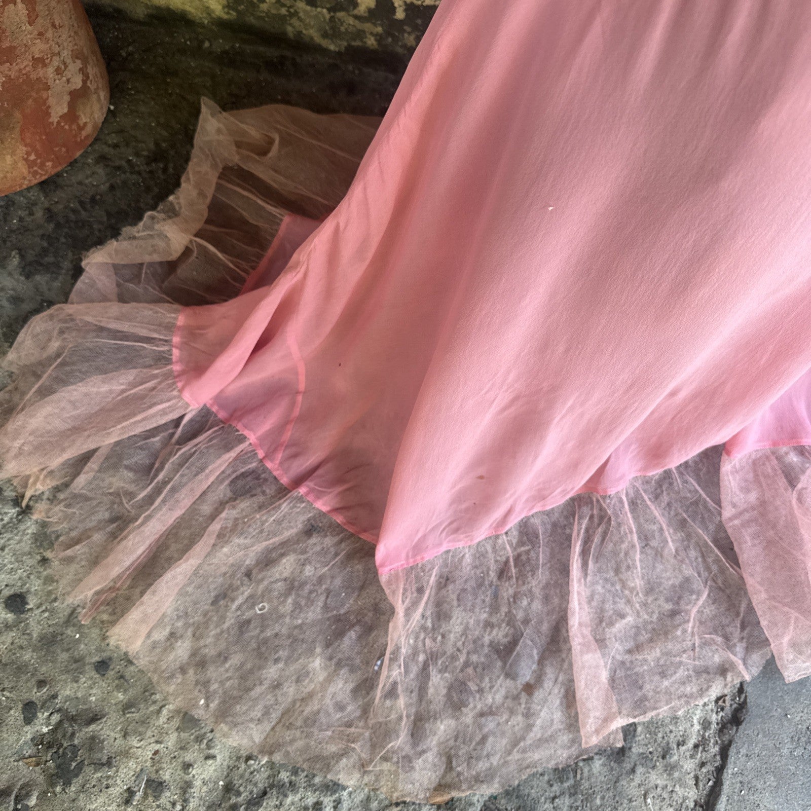 Vintage Late 1920s Early 1930s Bubblegum Pink Silk Chiffon Dress Sheer Ruffle