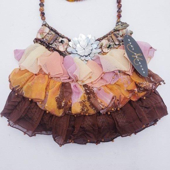 Mary Frances Beaded Tulle Ruffle Wicker Shoulder Bag Mother of Pearl Earthtones