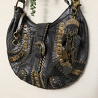 Isabella Fiore Woodland Whipstitch Leather Hobo Bag Black Brown