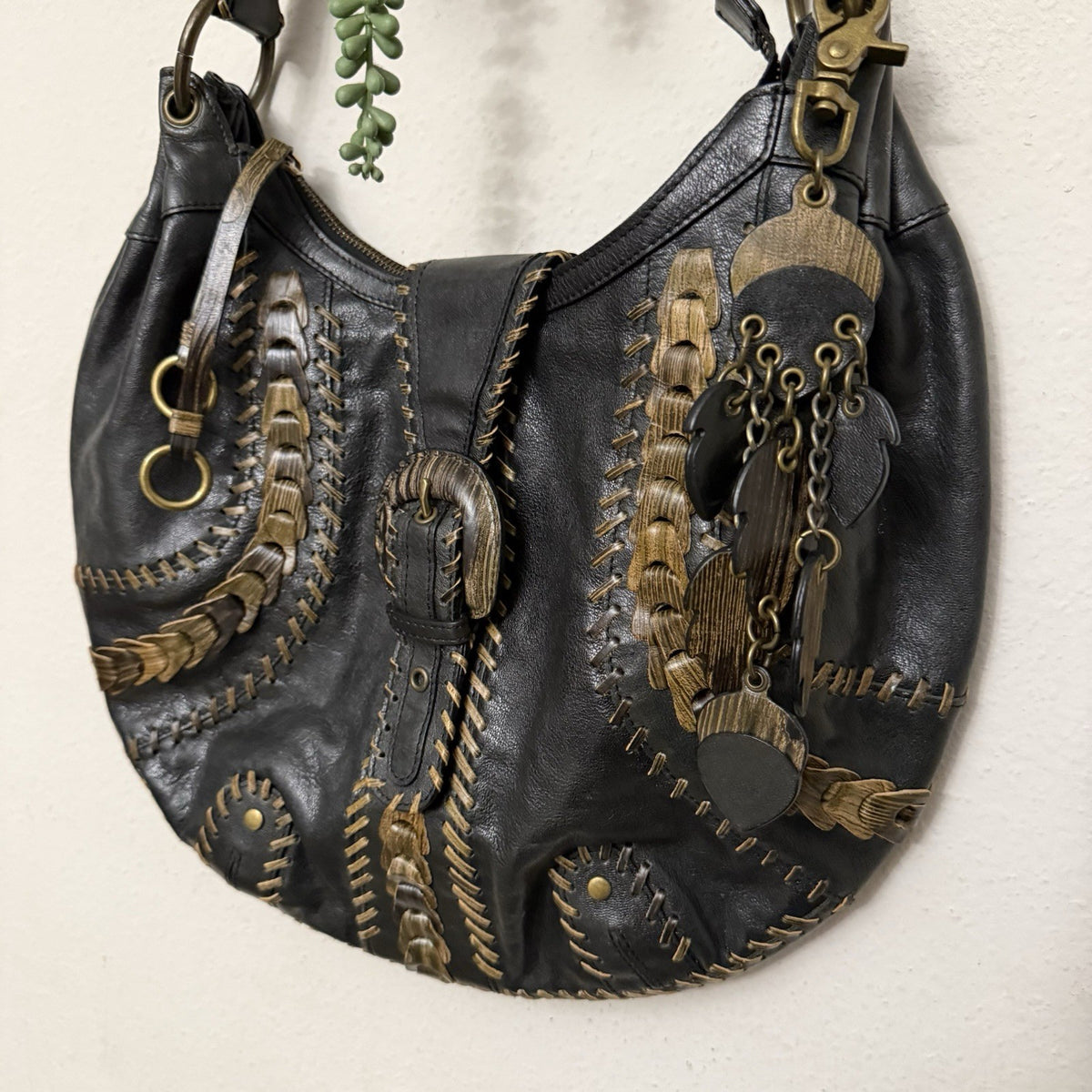 Isabella Fiore Woodland Whipstitch Leather Hobo Bag Black Brown