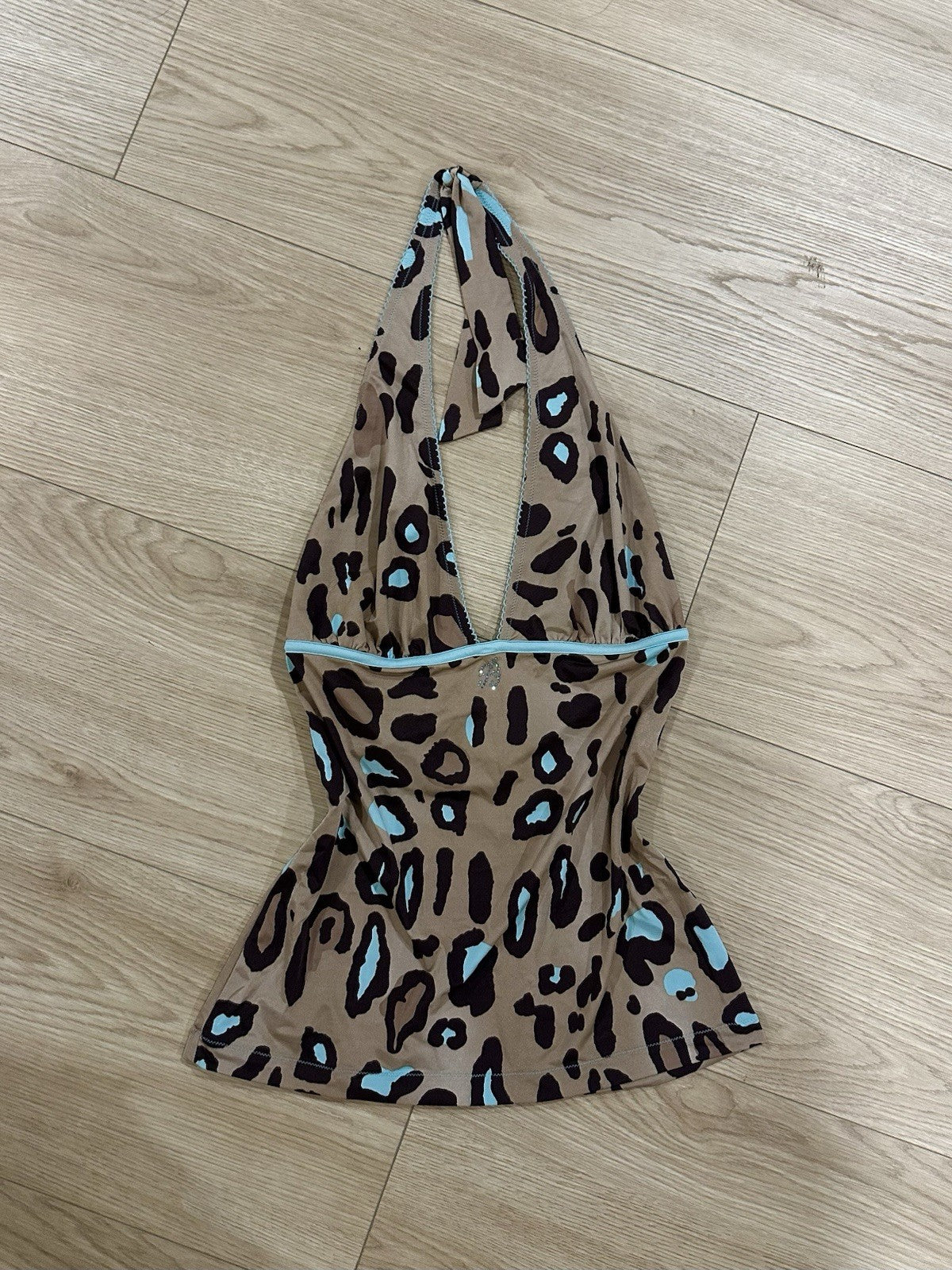 Blumarine Leopard Print Halter Top Turquoise Blue Large