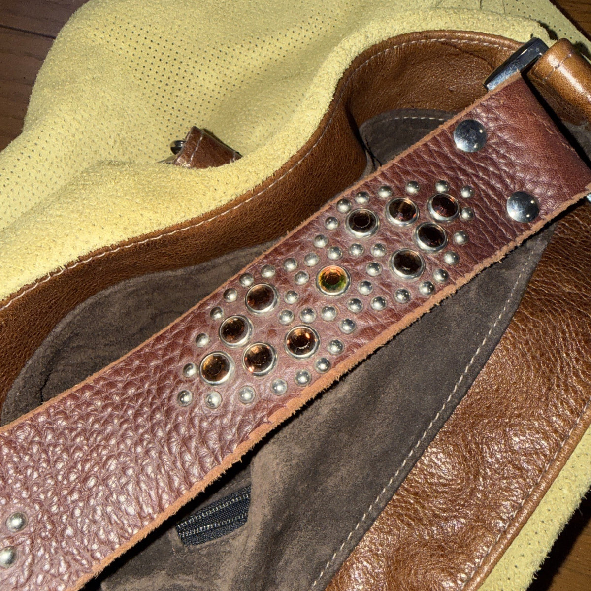 Tylie Malibu Green Perforated Suede Studded Gemstone Strap Bag Small