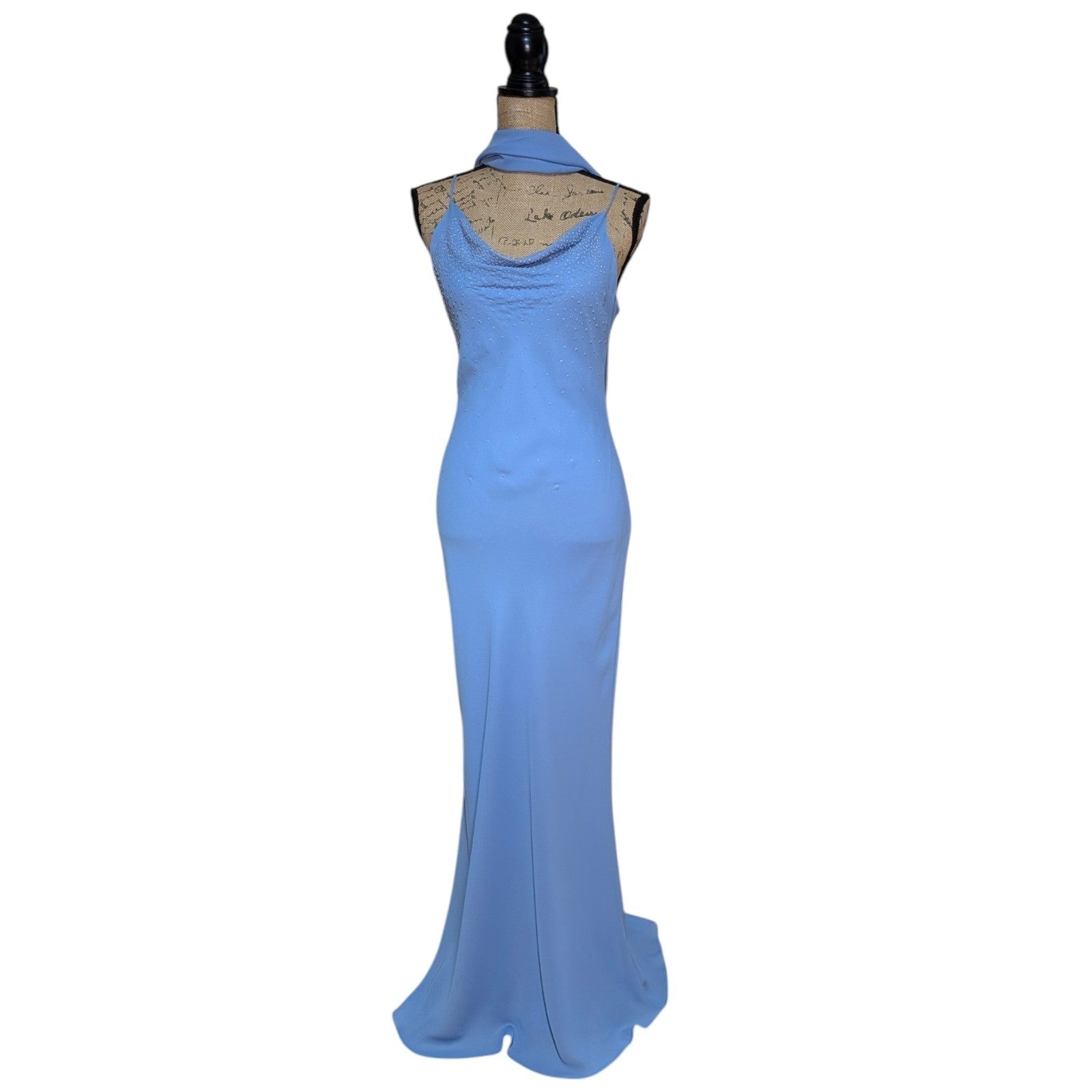 90s Y2K Light Cornflower Blue Glass Beaded Bias Cut Slip Dress Size Medium