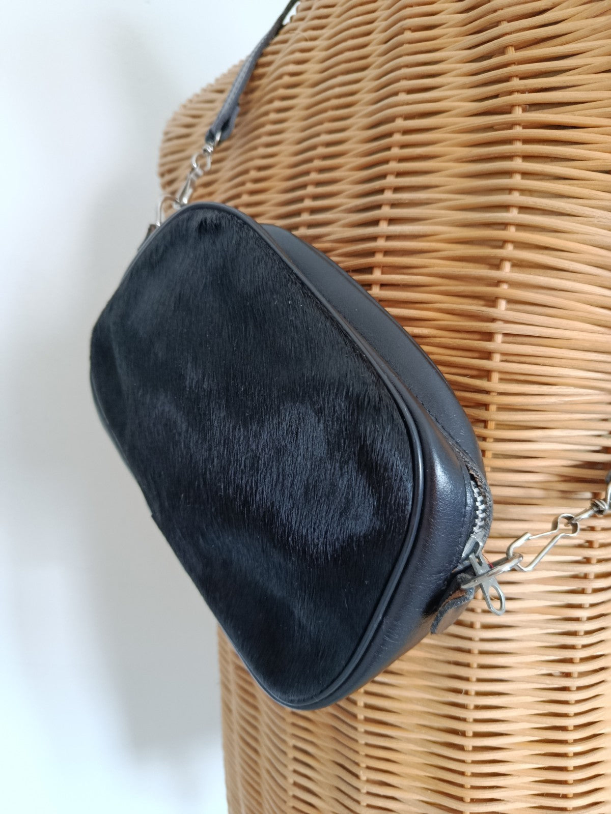 Vintage 40s 50s Black Leather Ponyhair Shoulder Bag - Prentice Zip, Belt Loops-