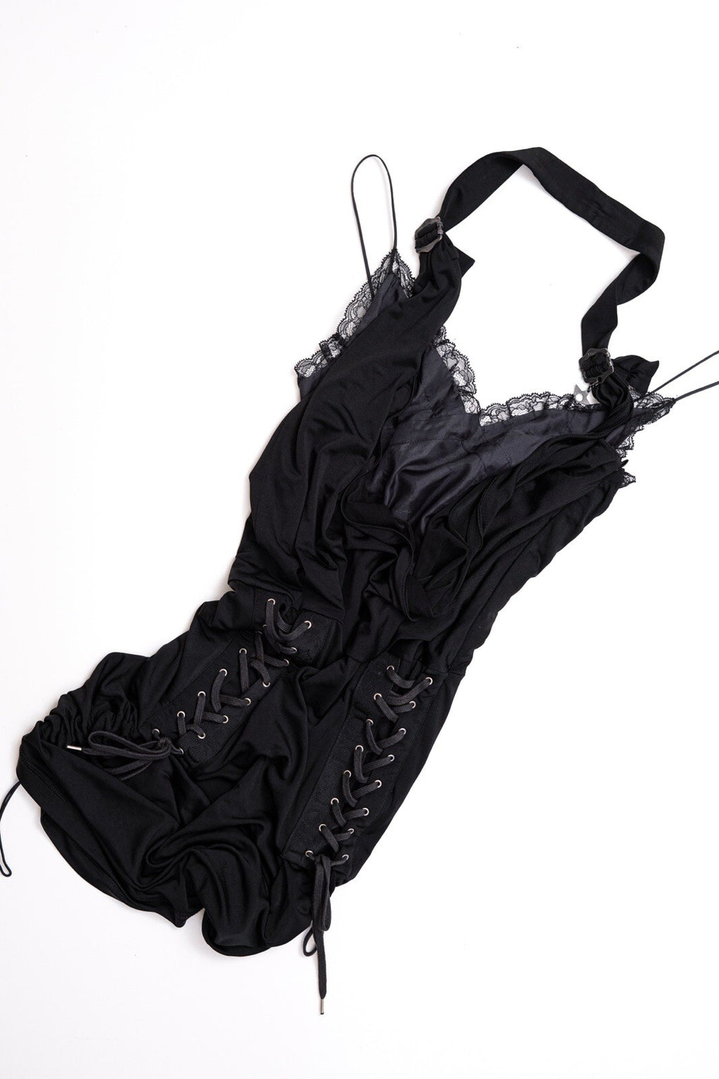 S/S 2004 Christian Dior by John Galliano Lace Up Cowl Halter Black Bodycon Dress