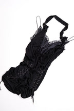 S/S 2004 Christian Dior by John Galliano Lace Up Cowl Halter Black Bodycon Dress