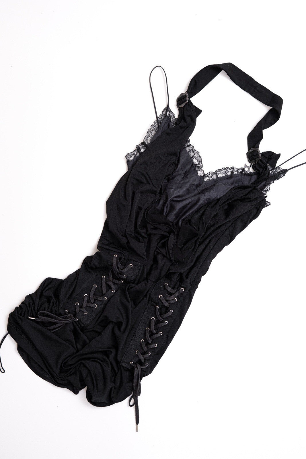S/S 2004 Christian Dior by John Galliano Lace Up Cowl Halter Black Bodycon Dress