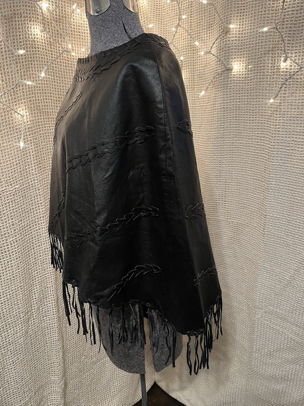 Vintage 90s Black Leather Whip Stitch Fringe Poncho Shawl Black Medium