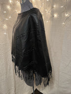 Vintage 90s Black Leather Whip Stitch Fringe Poncho Shawl Black Medium