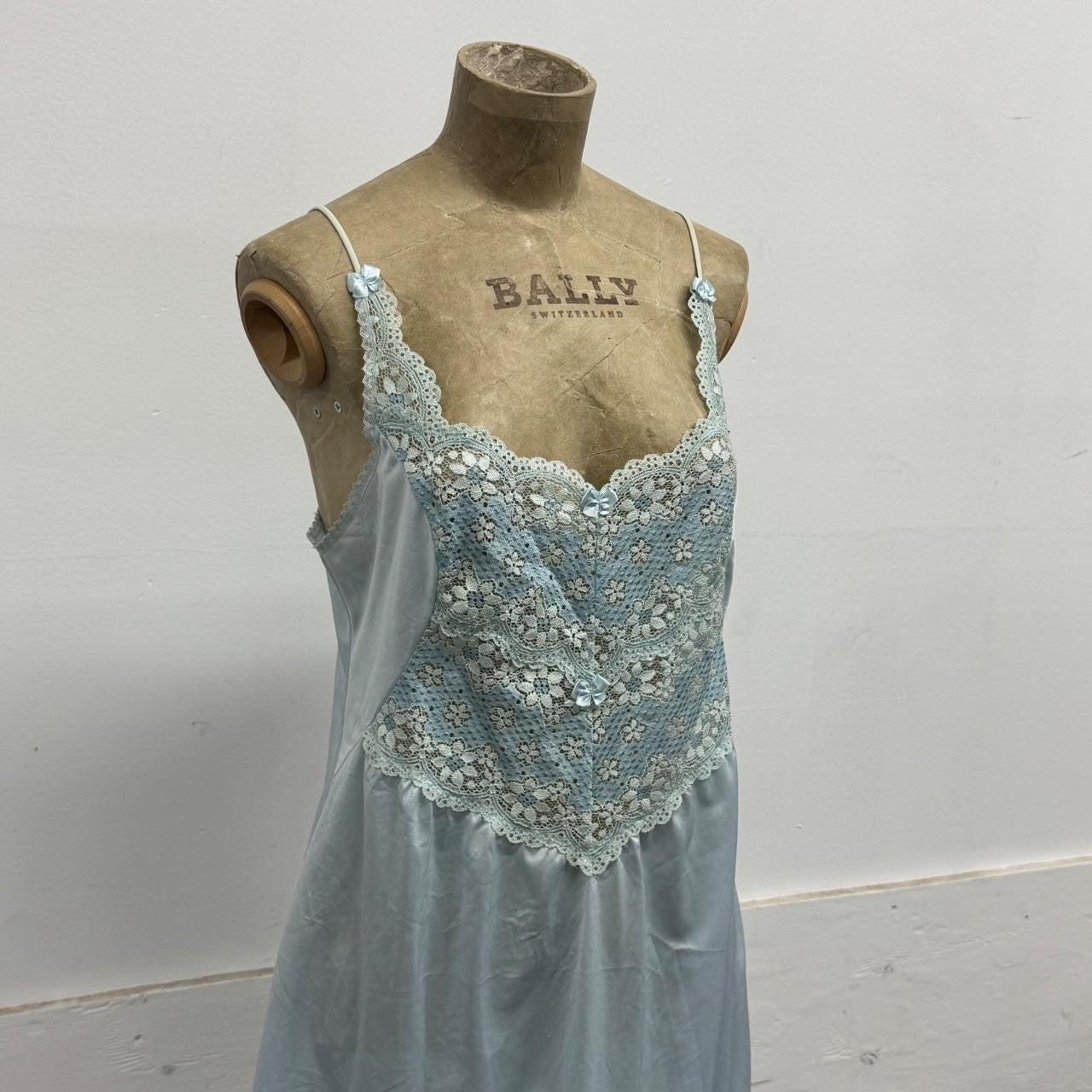 Vintage Japanese Baby Blue Satin Floral Lace Mini Slip Dress