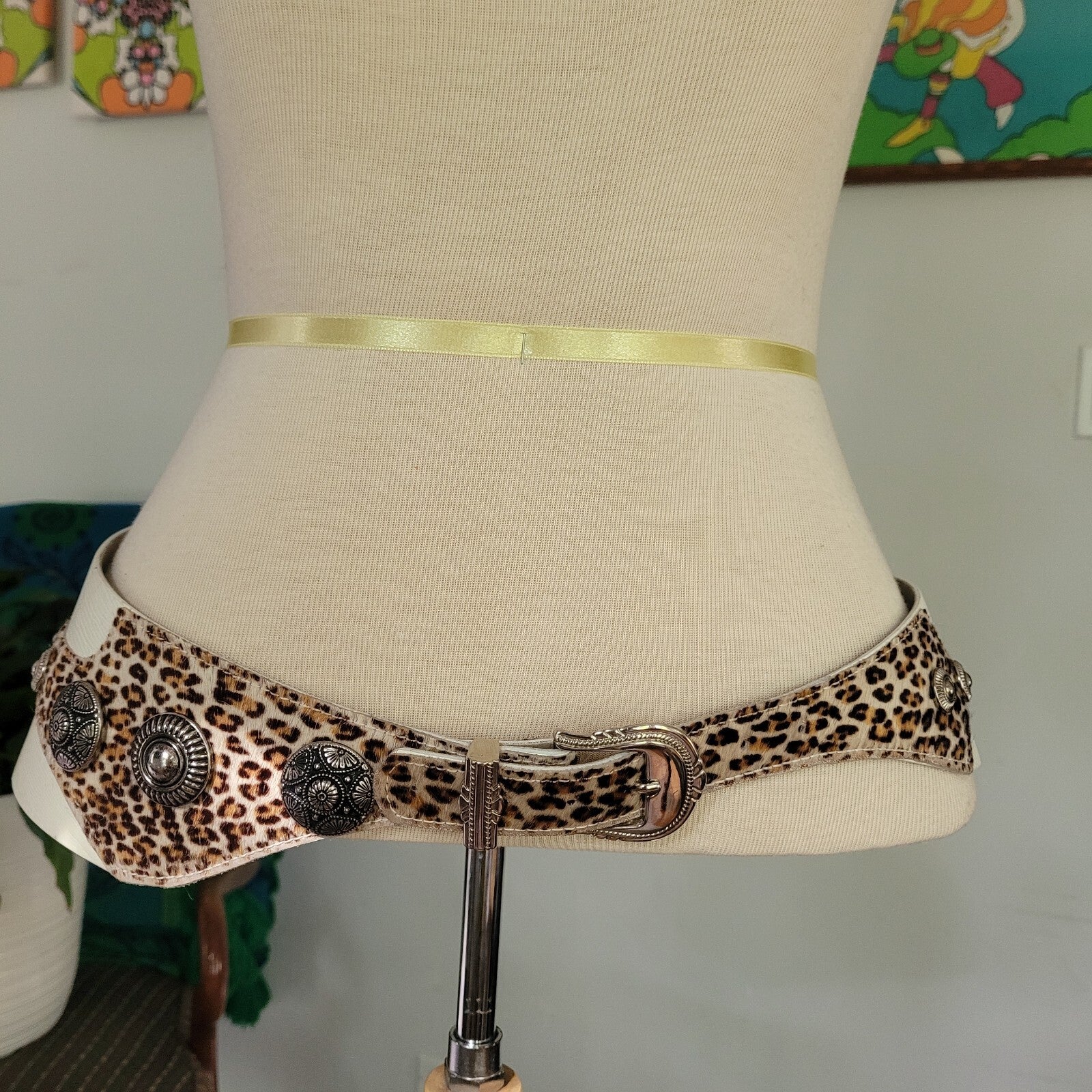 Insane Vintage 80s Rock 'N Roll Glam White Leather Animal Print Pony Hair Belt M