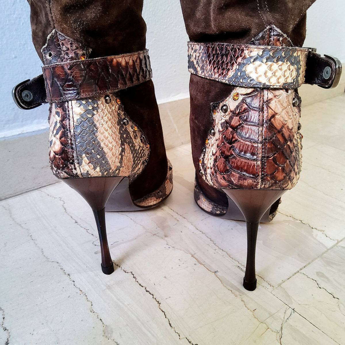 El Dantes Y2K Embellished Belted Slouchy Suede Snakeskin Pointy Shoe