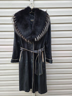 Vintage Y2K Black Leather Coat with Fox Fur Collar and Cuffs