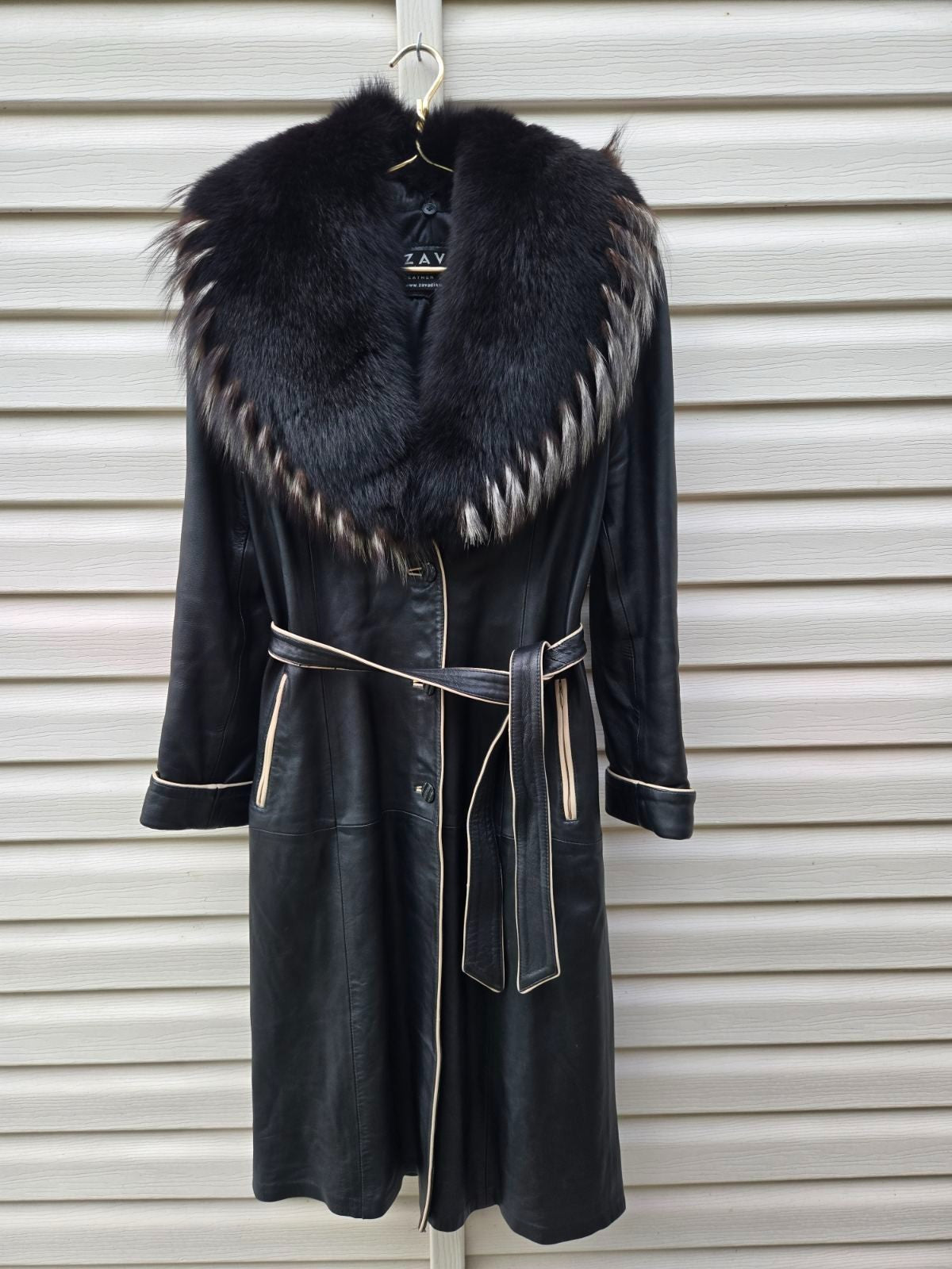 Vintage Y2K Black Leather Coat with Fox Fur Collar and Cuffs