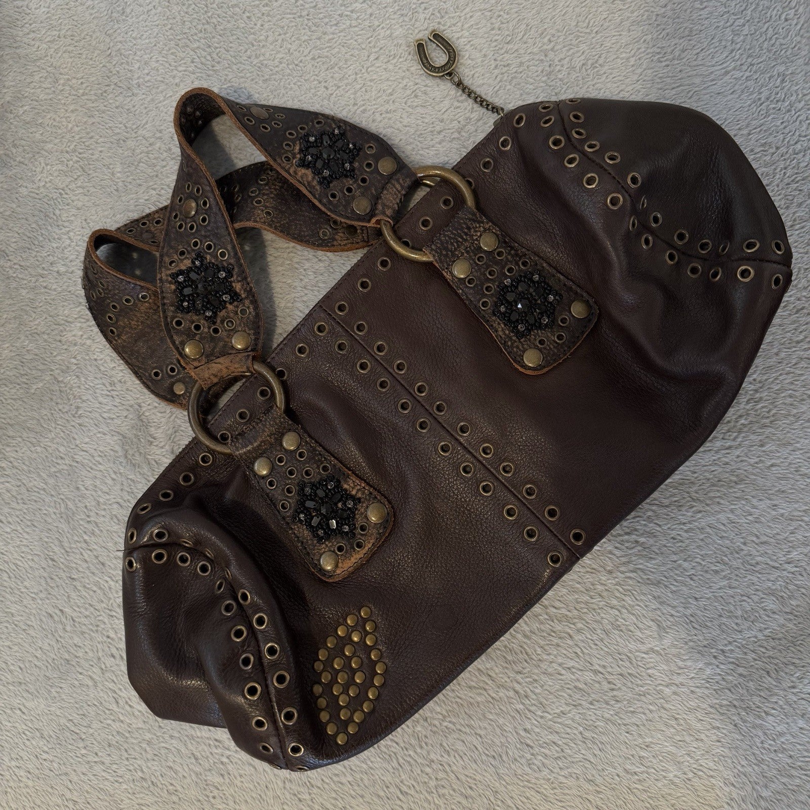 Betsey Johnson Brown Leather Studded Hobo Bag Medium