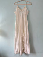 Vintage y2k 90s white beaded sequin chiffon ruffled trim slit  slip dress bow L