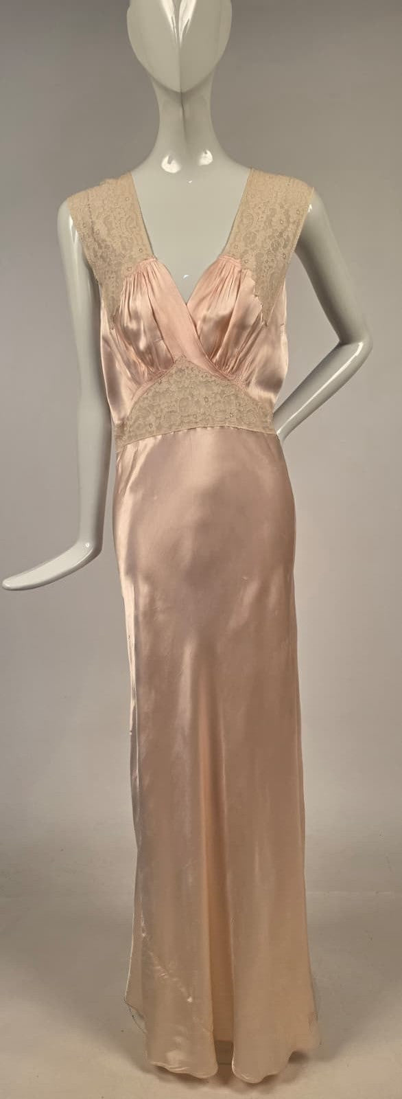 1930s Satin and Lace Long Slip Dress with Crossover Front