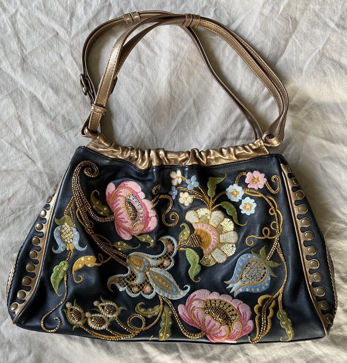 Isabella Fiore Black and Gold Floral Embroidered Leather Shoulder Bag