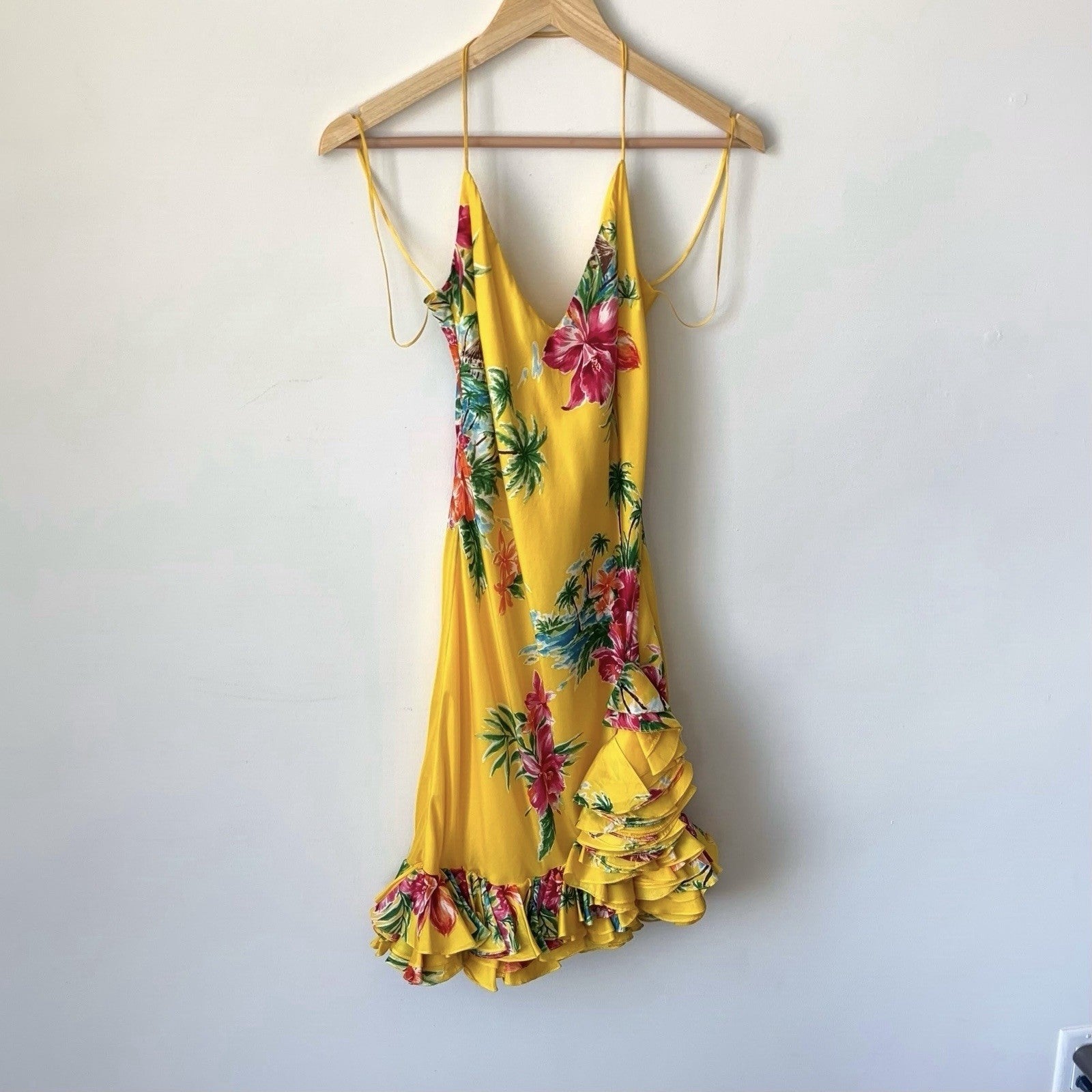 Ralph Lauren Vintage Silk Ruffle Yellow Floral Halter Mini Dress Size 4