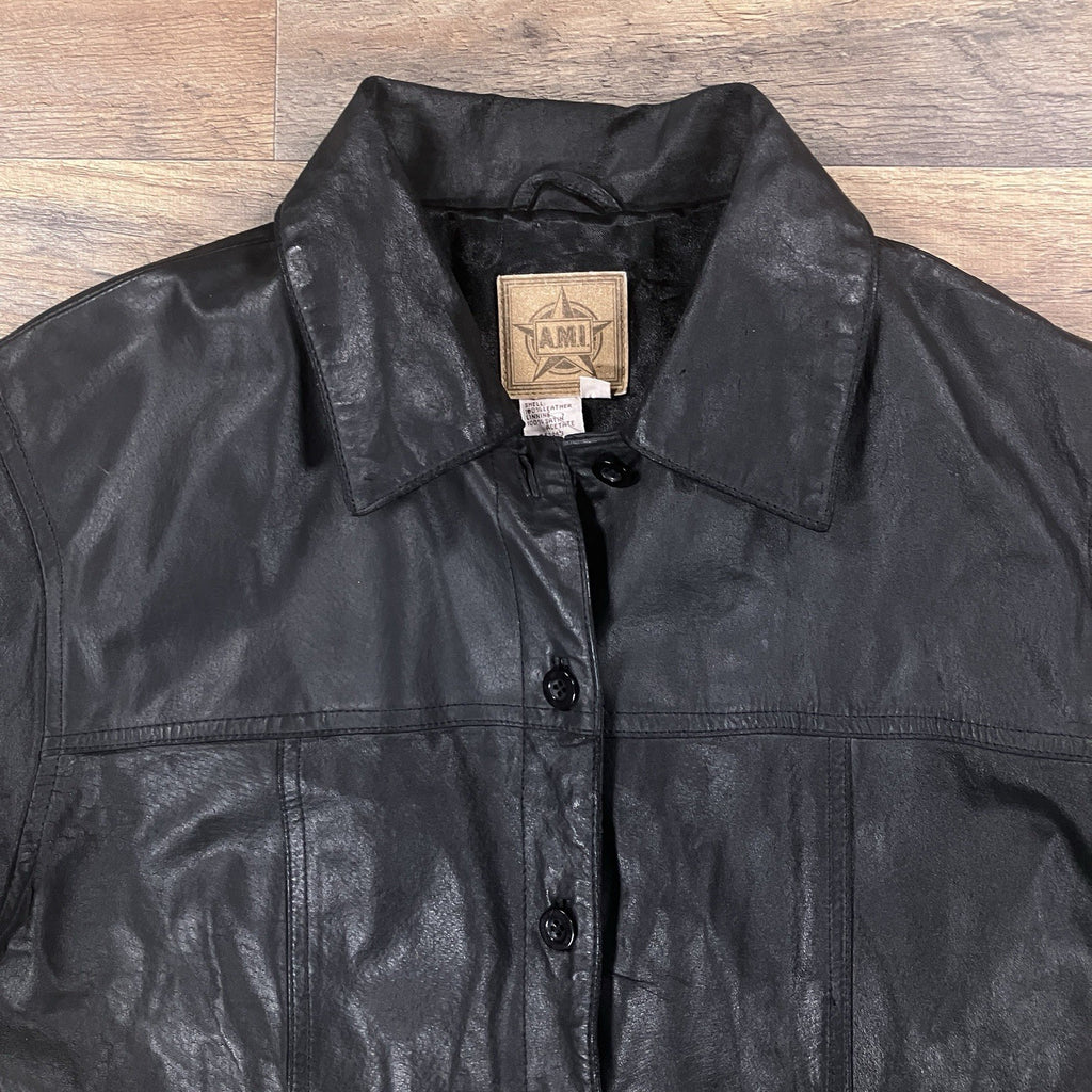 AMI Leather Shirt Womens Medium Black Long Sleeve Lined Button Up