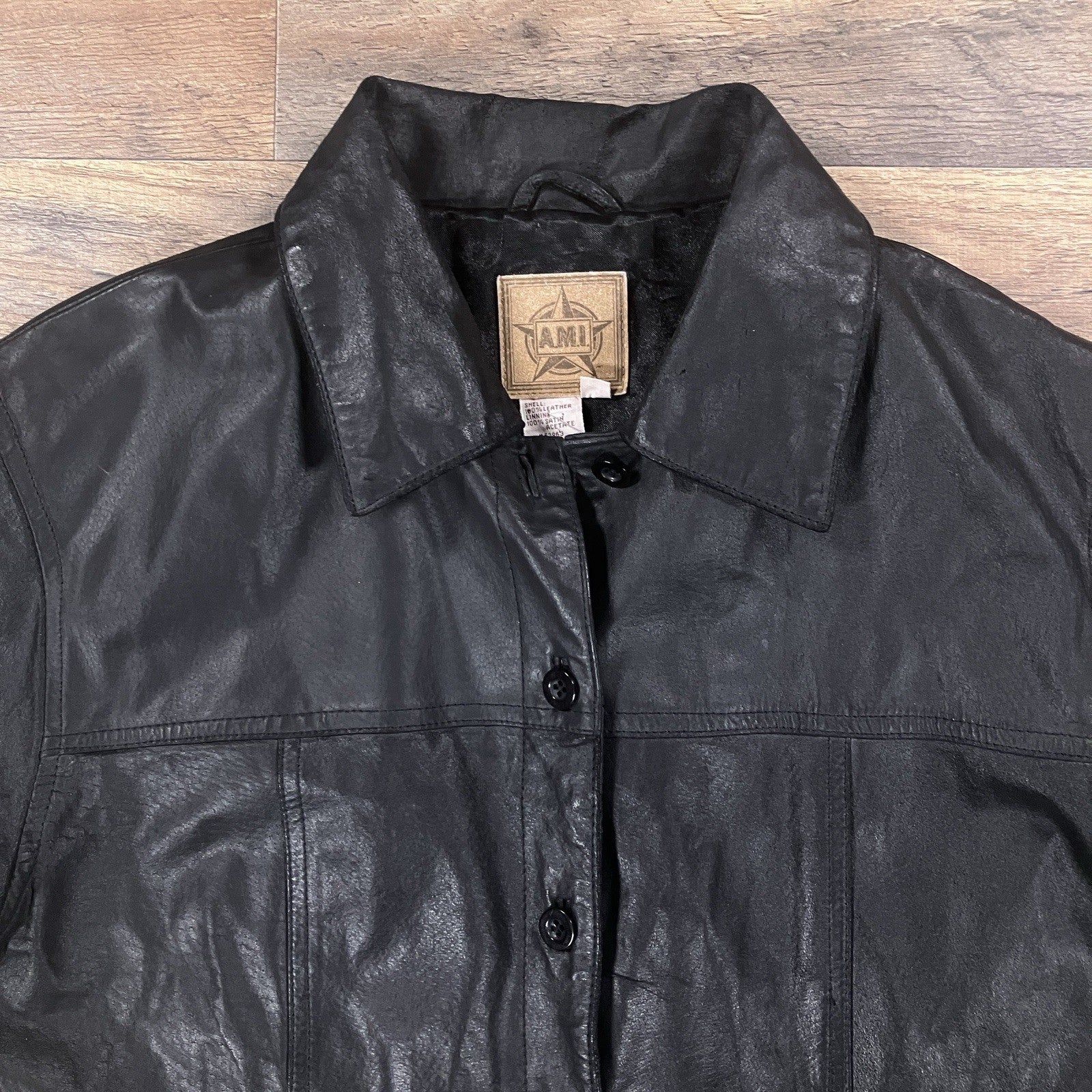 AMI Leather Shirt Womens Medium Black Long Sleeve Lined Button Up