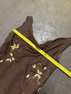 Vintage Y2K Woodland Fairy Brown Floral Silk Beaded Two Piece Skirt Set Asymmetric