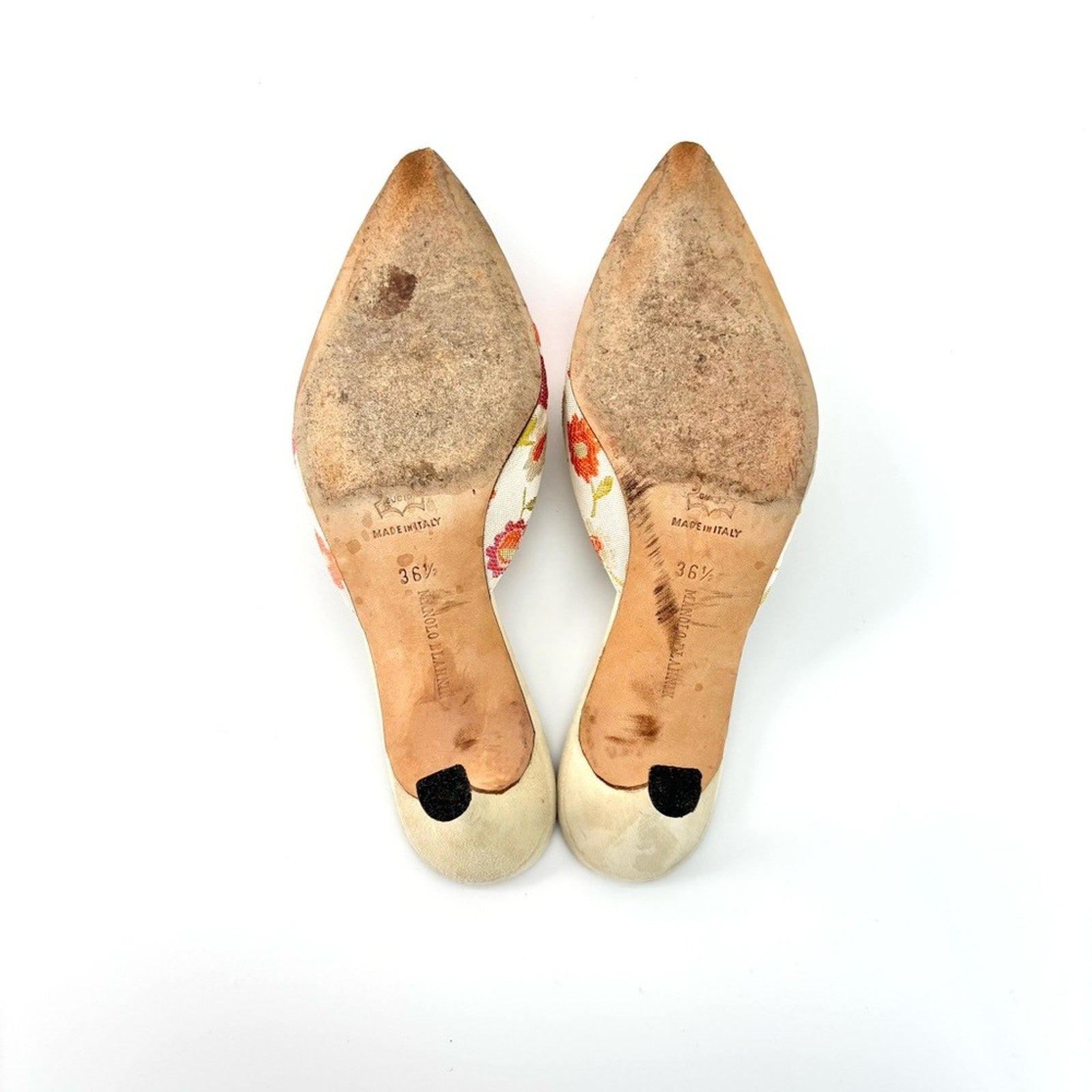 Manolo Blahnik Retro Vintage Floral Applique Pointed Toe Kitten Heel Mules 36.5