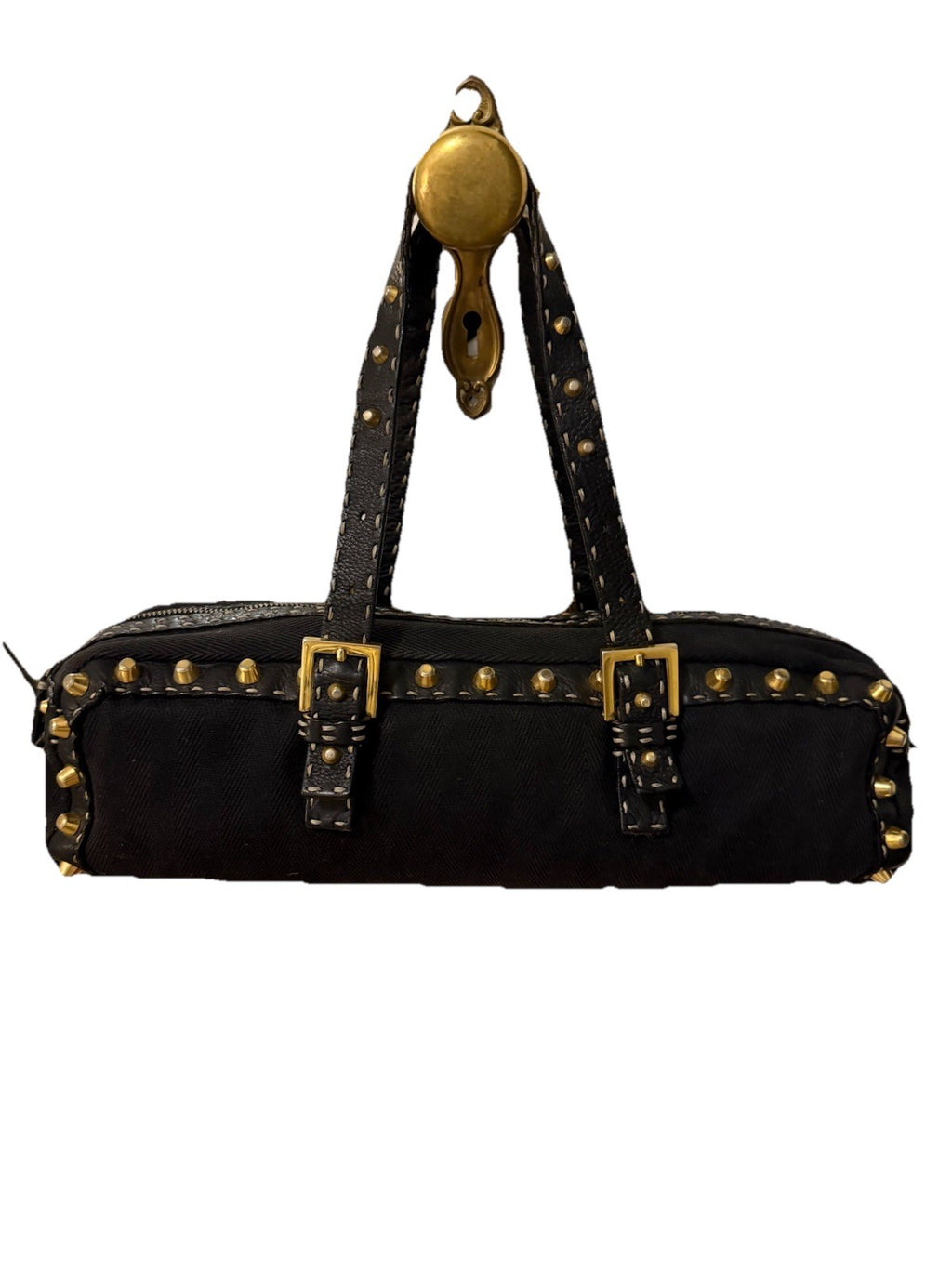 Auth.FENDI SELLERIA Black Canvas Leather -Trimmed Studded Handbag Vintage 2000s