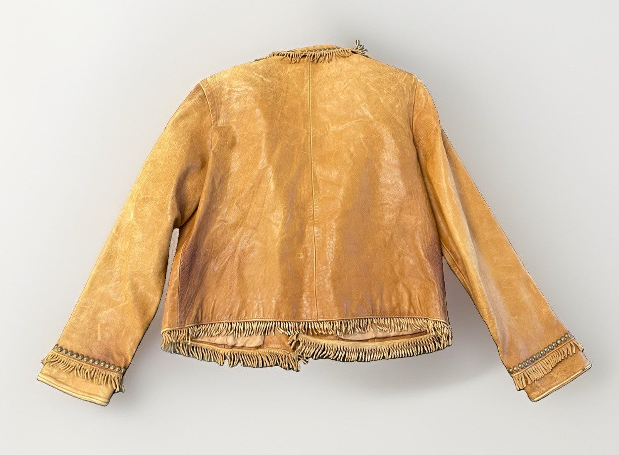 Double D Ranch Leather Jacket Brown Fringe Studded Western Medium
