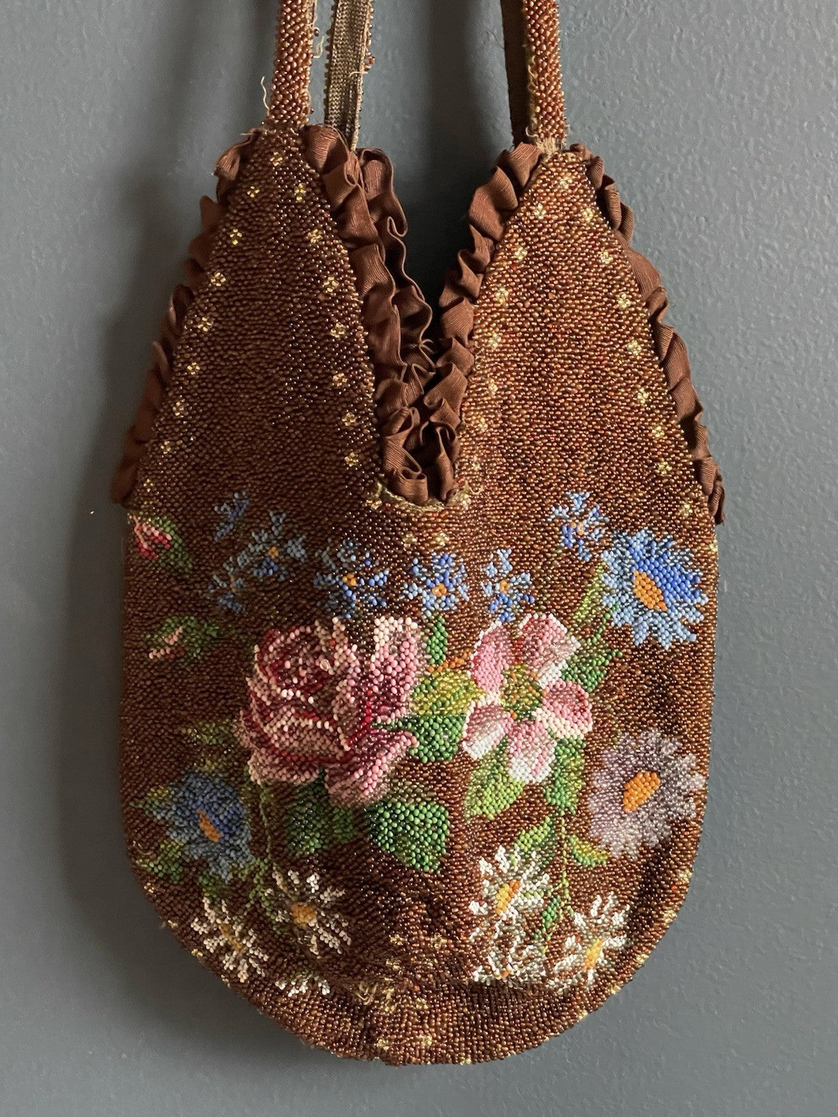 Antique Glass Seed Beaded Silk Lined Pouch Purse Floral Brown