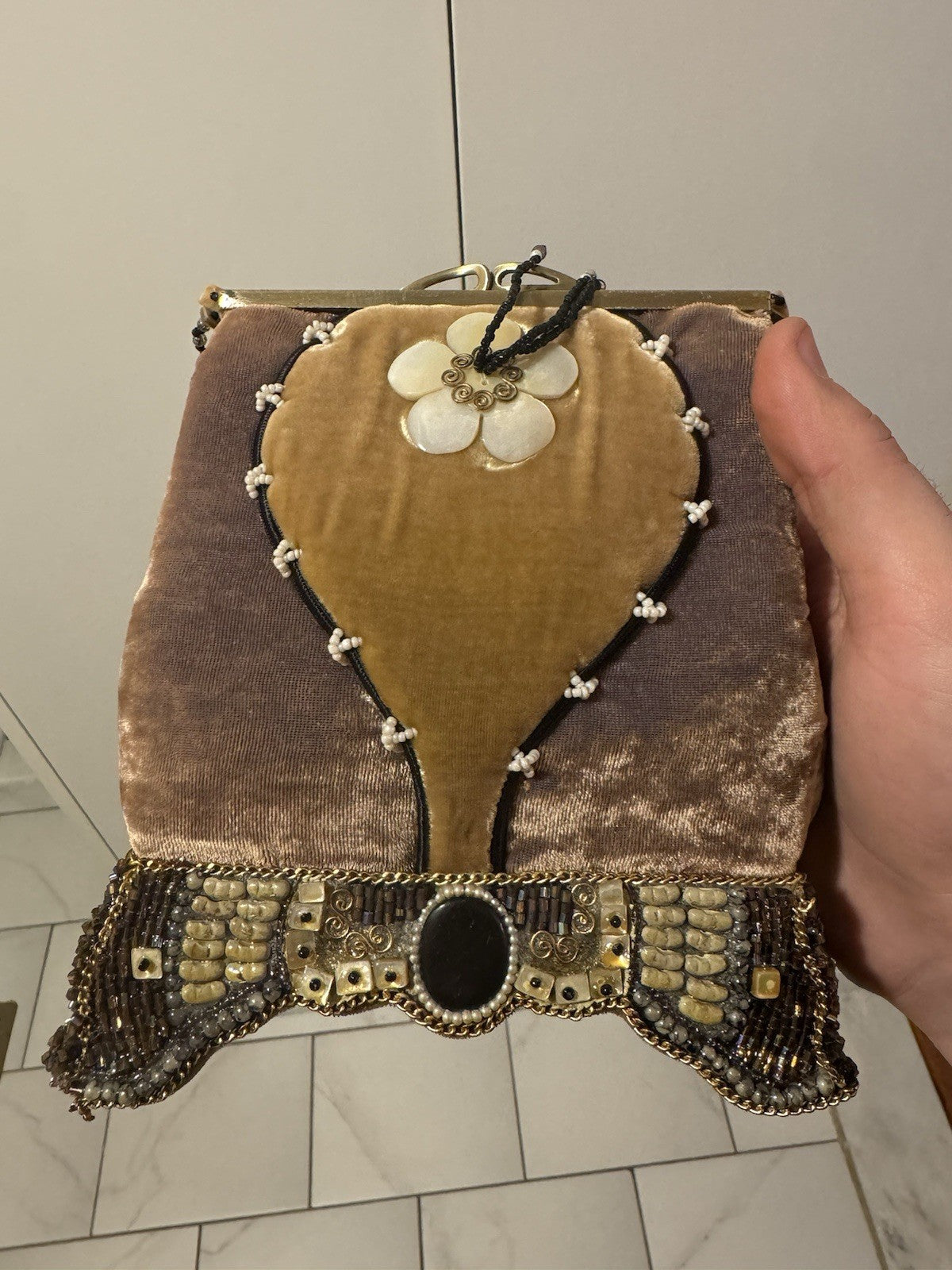 Mary Frances Handmade Beaded Velvet Bag Floral Mother of Pearl Clutch Purse