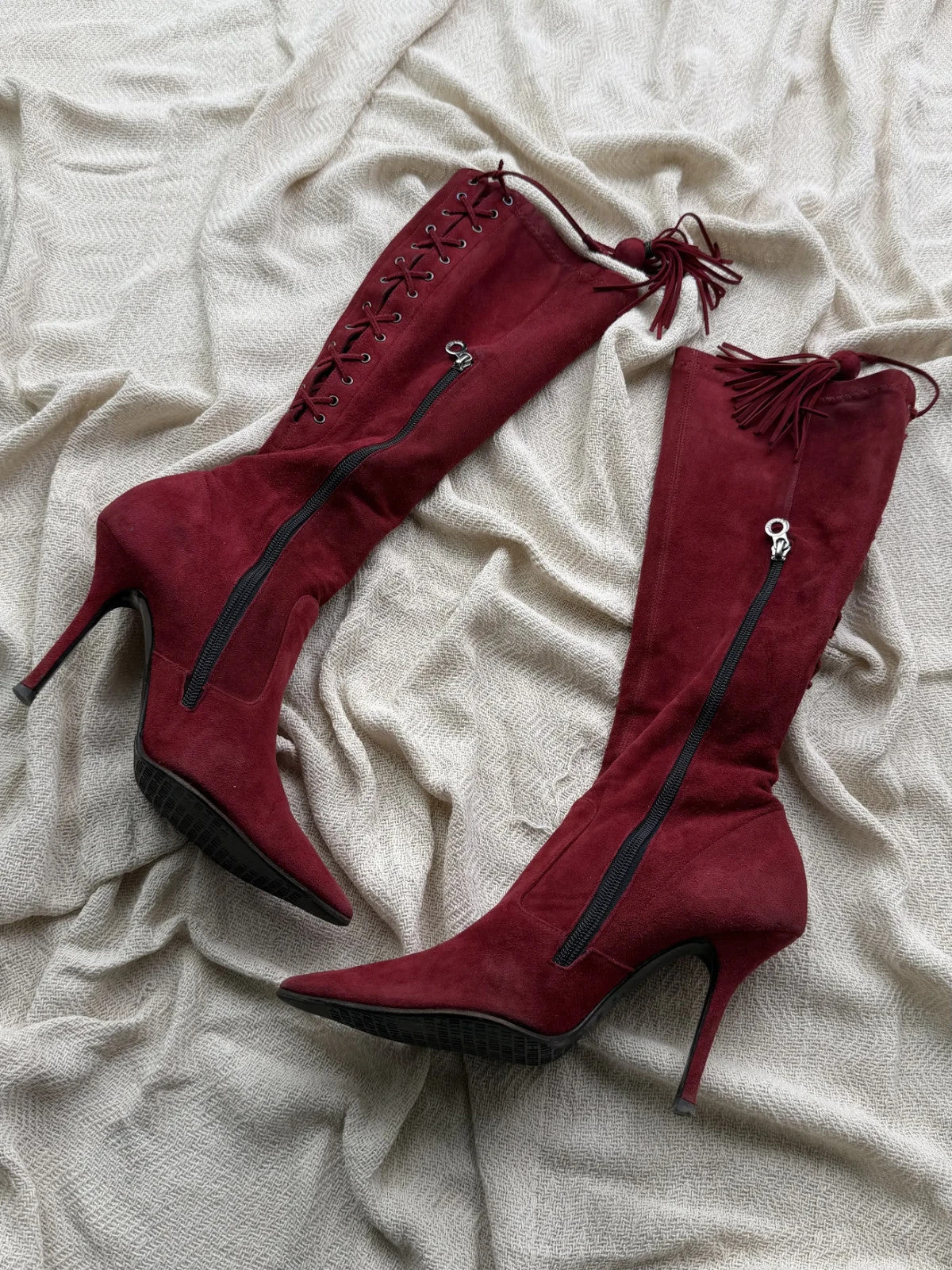 Vintage Burgundy Suede Knee High Boots Pointed Toe Stiletto Heels Lace Up