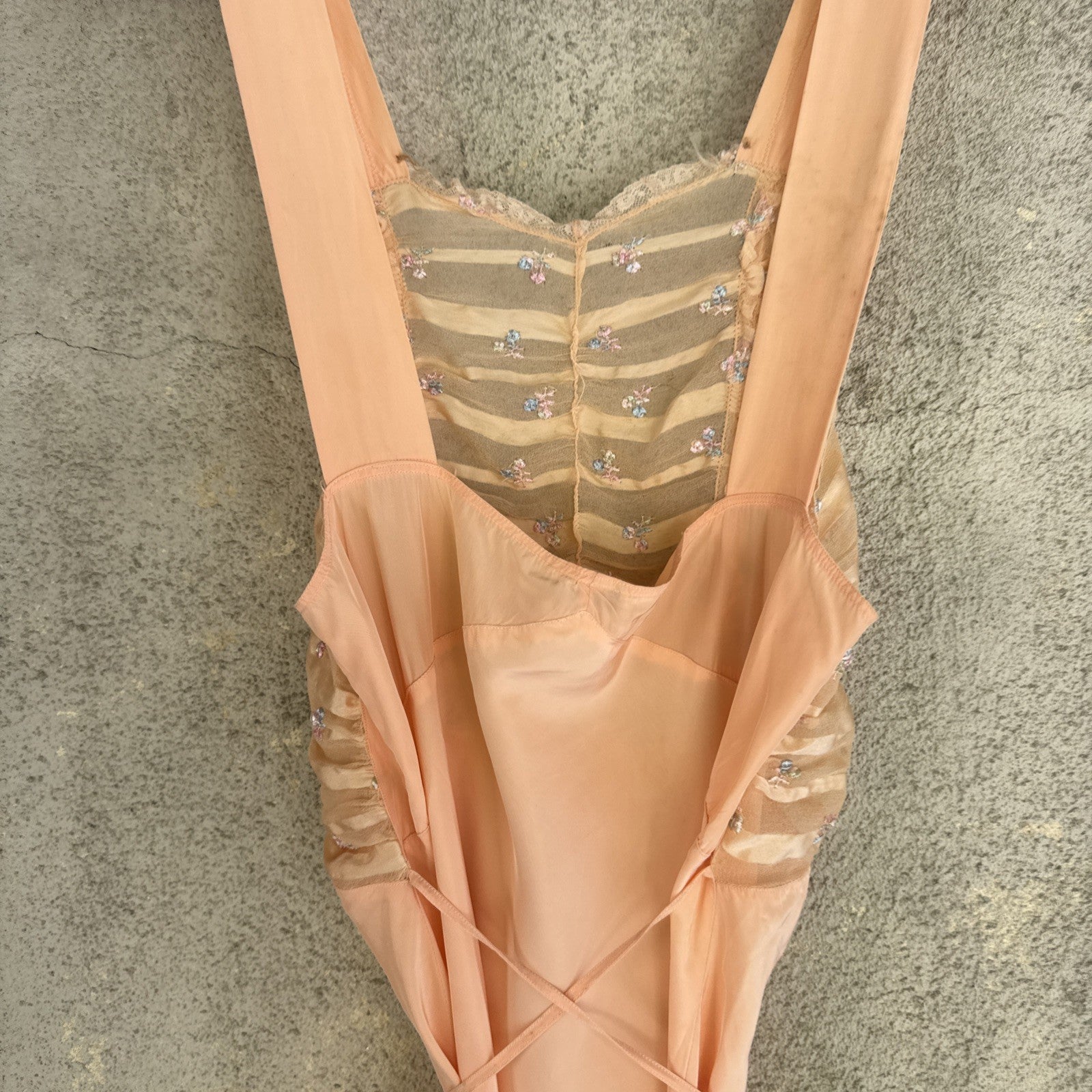 Vintage 1930s Pink Rayon Satin Slip Dress Bias Cut Embroidered Cherries Gown