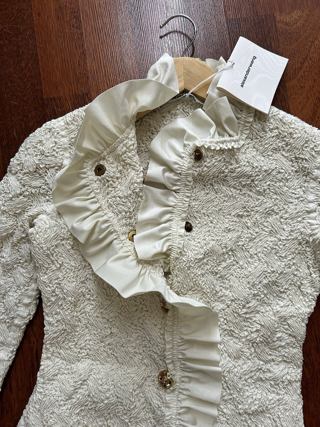 Alexander Wang Smocked Ruffle Long Jacket Dress S In Vintage White