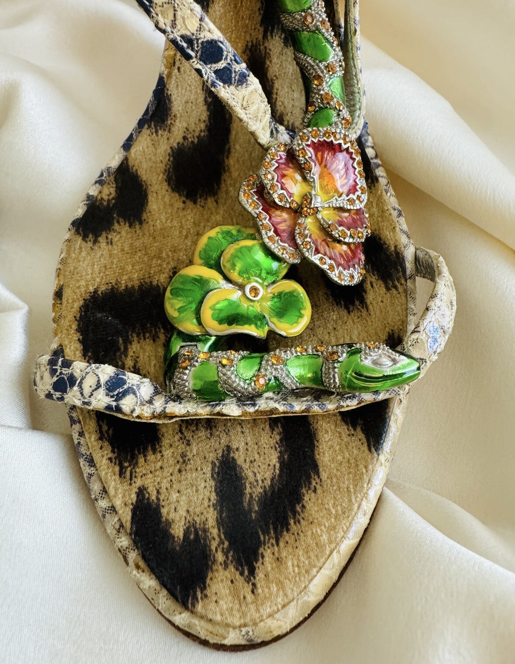 Roberto Cavalli 2000s Snake and Flower Enamel Rhinestone Heels