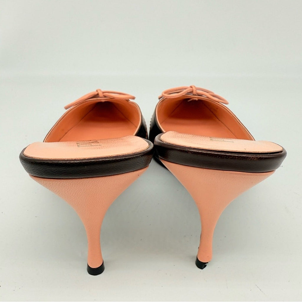 Prada Vintage Dark Brown Pink Bow embellished elongated mules heels EU 39 US 9