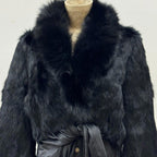 Vintage Y2K Cropped Satin Waist Tie Rabbit Fur and Leather Jacket