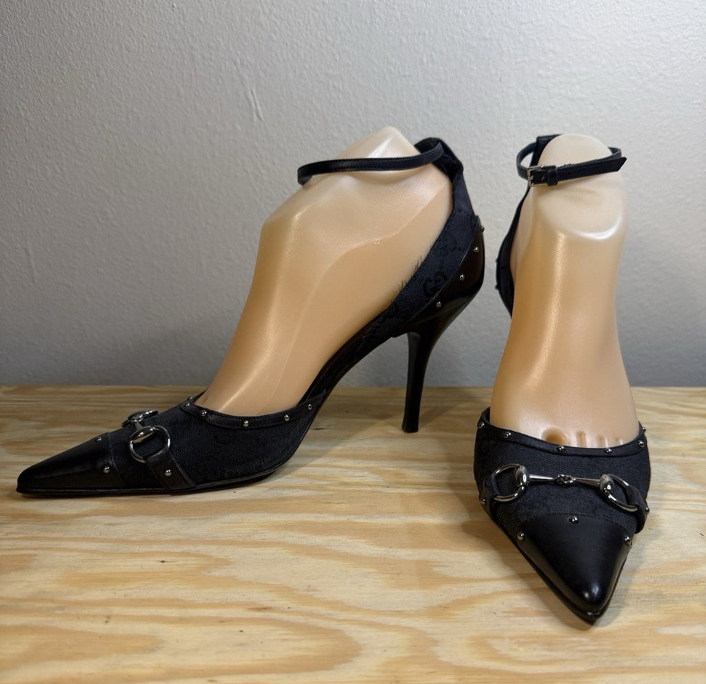 Gucci Vintage GG Canvas Horsebit Ankle Strap Pumps Black US 7B
