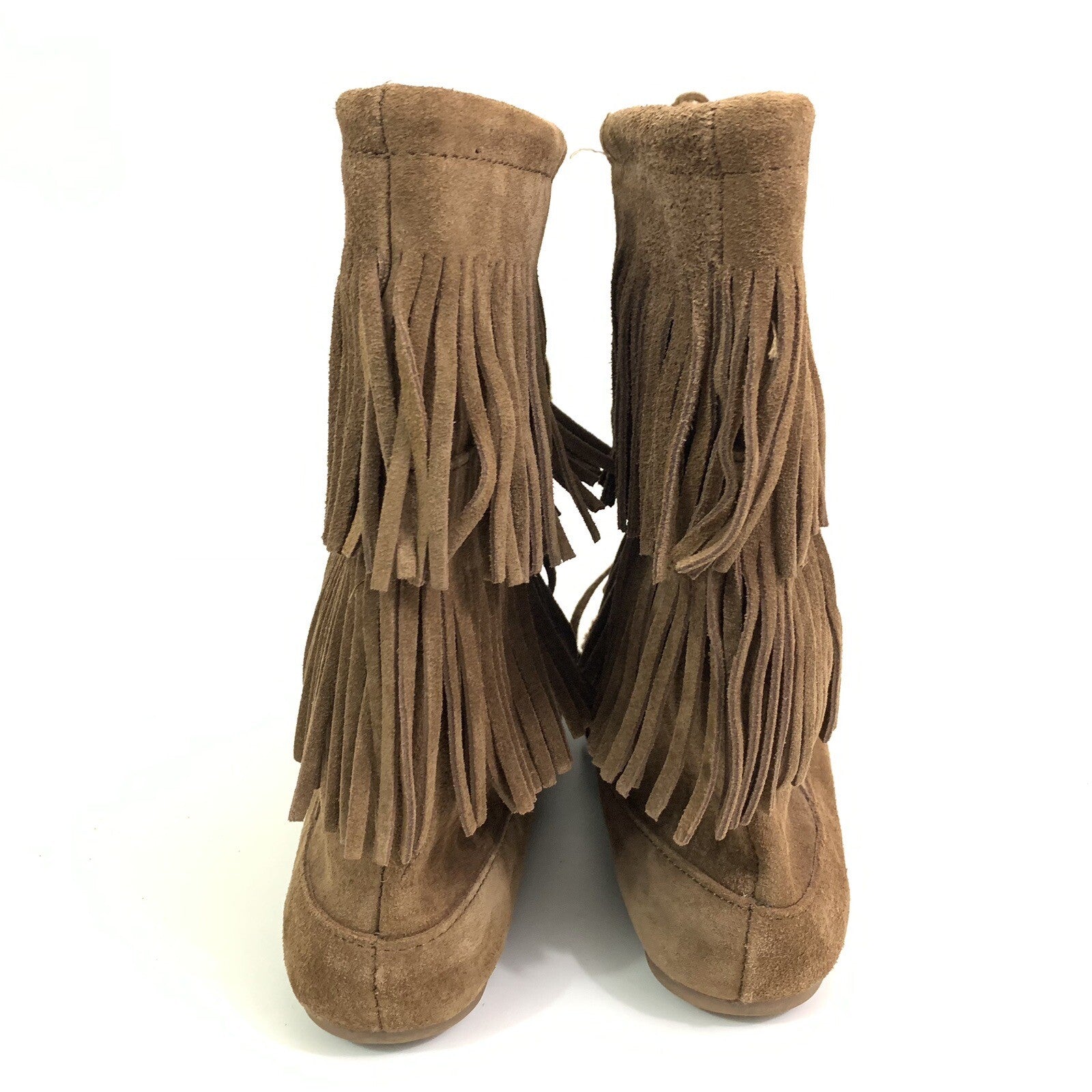 Minnetonka Size 9 Women’s Double Fringe Suede Chestnut Brown Boots