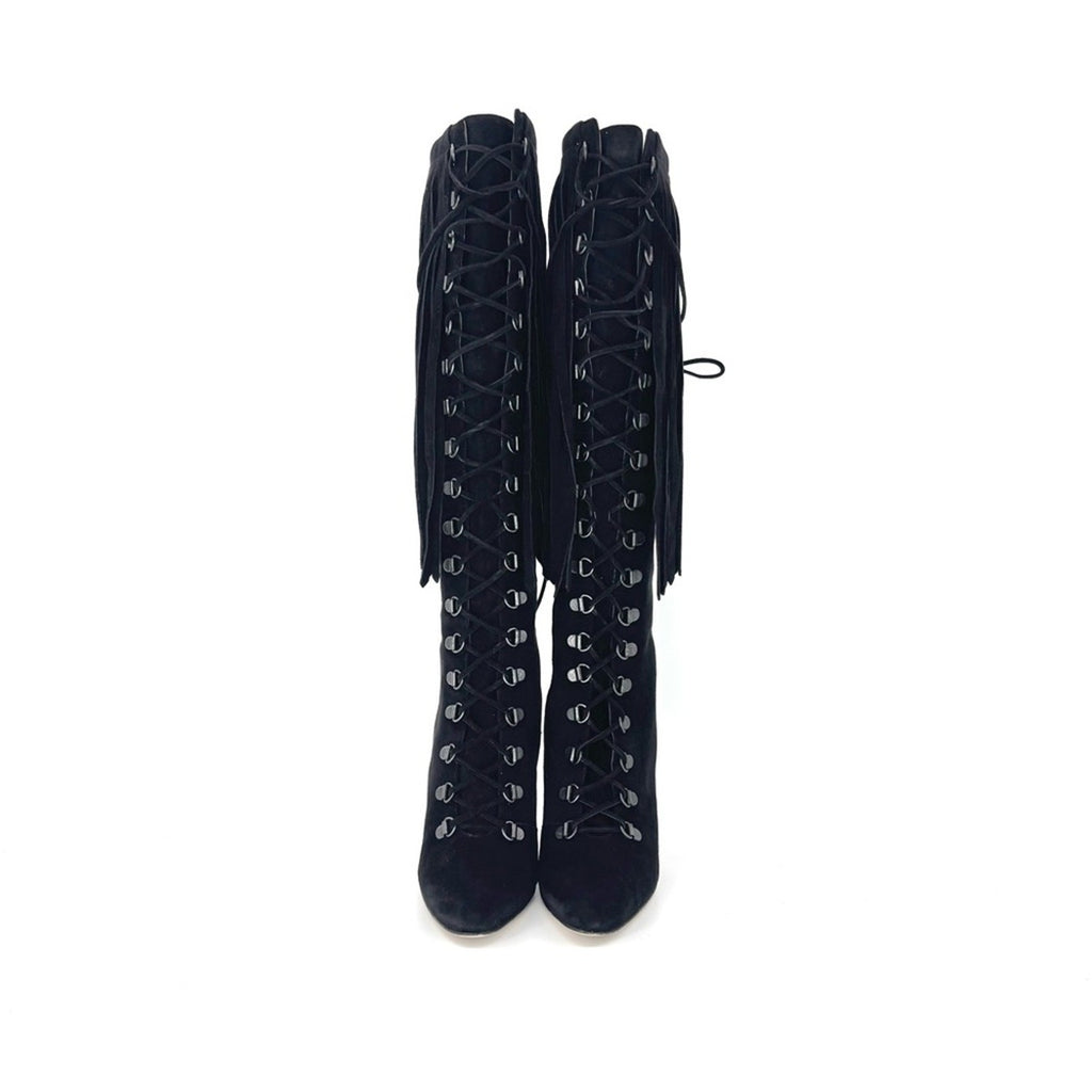 Manolo Blahnik 2015 Fringed Laceup Siouxi 105 Suede Knee High Heeled Boots 37.5