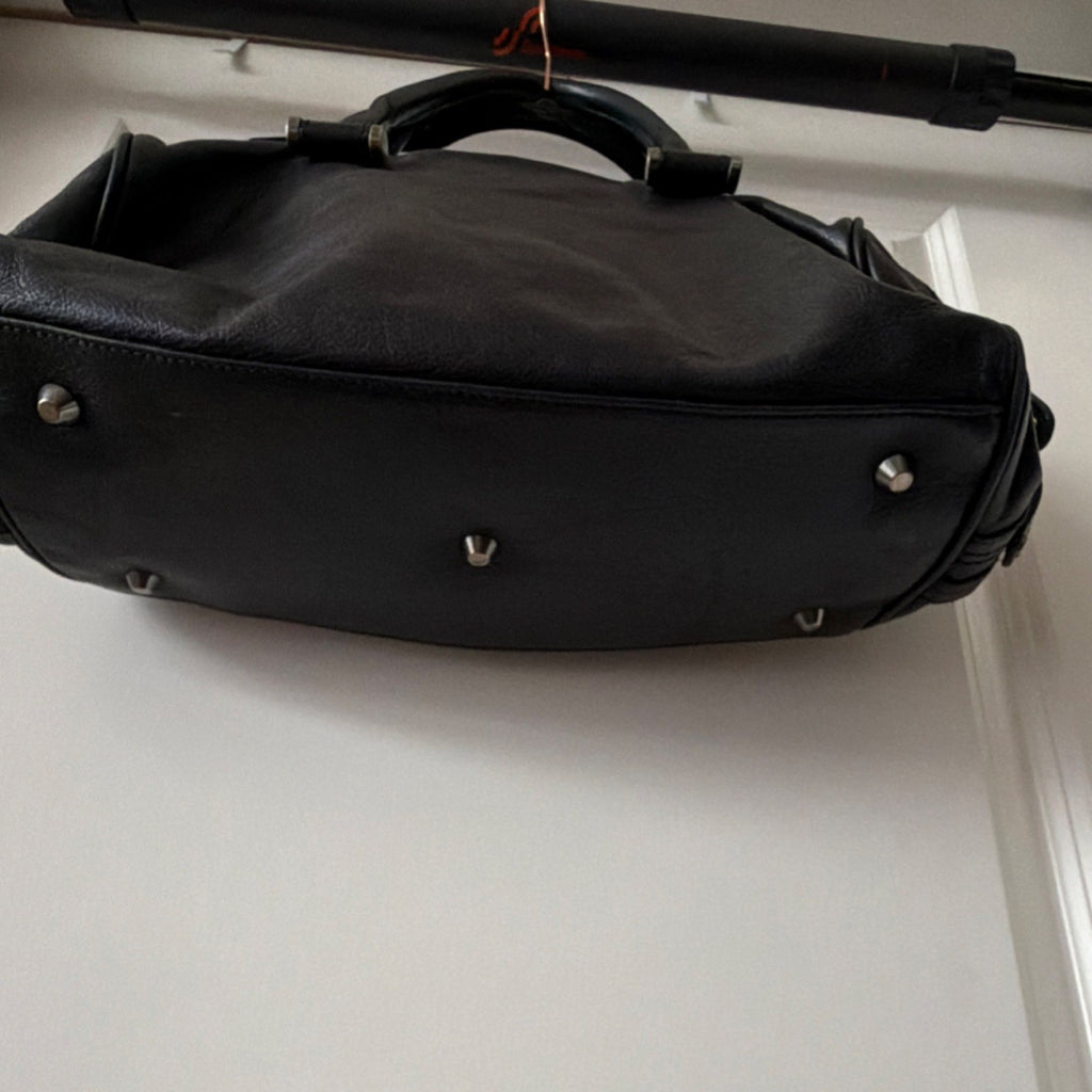 Black Satchel Top Handle Bag with Silver Hardware and Bottom Studs
