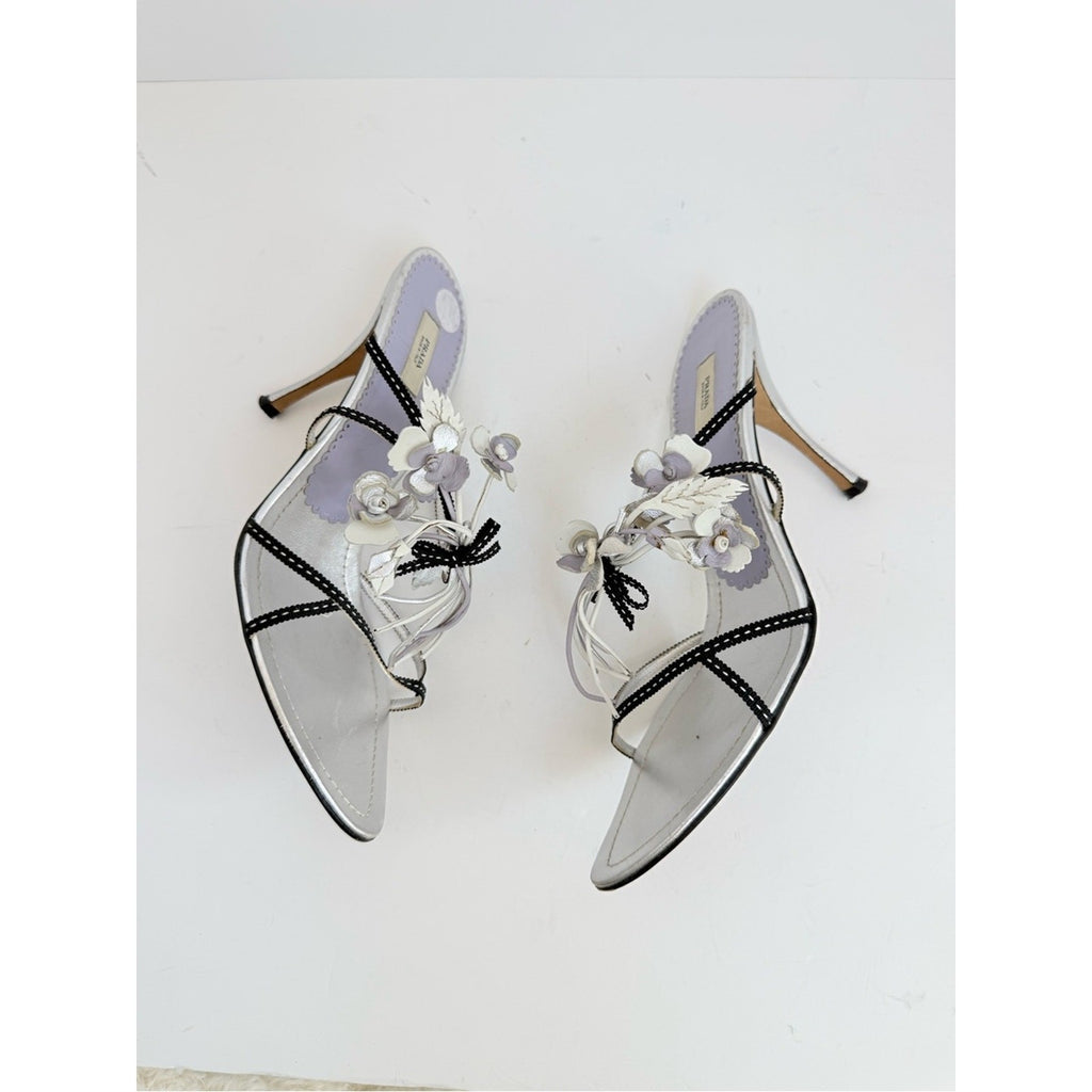 Prada Neiman Marcus 95th Anniversary Floral bouquet Sandals 39 Silver Leather