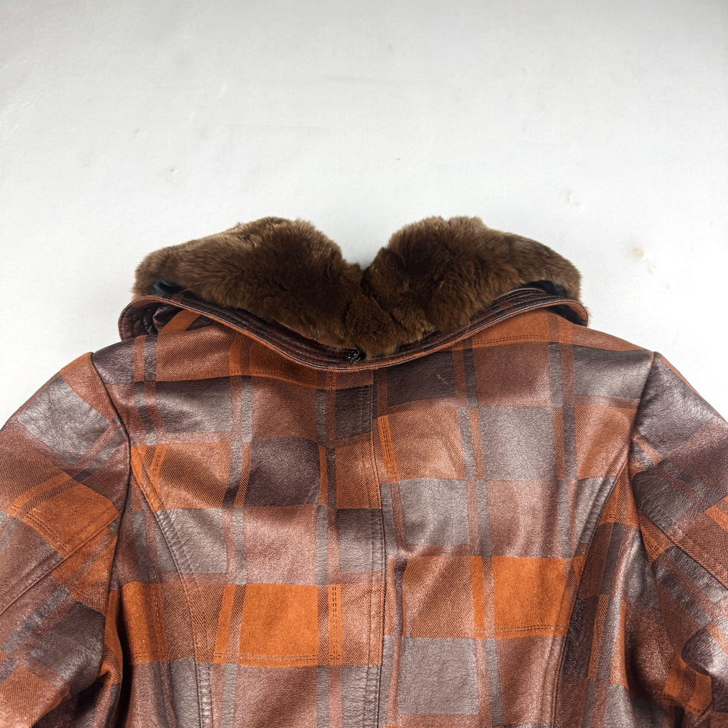 Vintage Brown Plaid Leather Jacket with Fur Collar